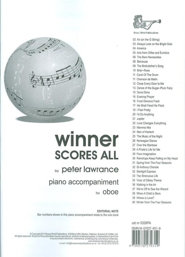 J Dillon | Winner Scores all Piano Accompaniment for Oboe | Brass Wind