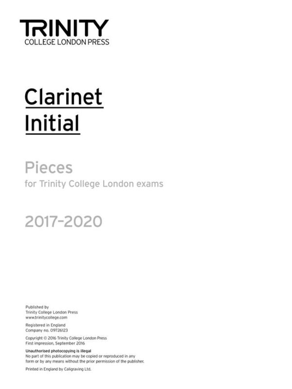 Trinity Clarinet Initial Pieces 2017-2020 (part only) | Trinity College London